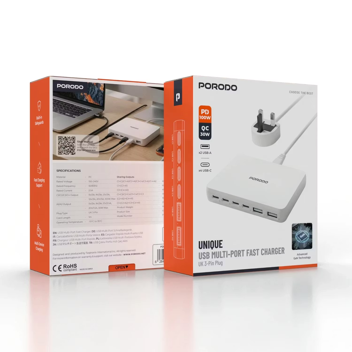 Porodo Unique 100W 4 Type C 2 USB A GaN Wall Charger with UK Plug - White