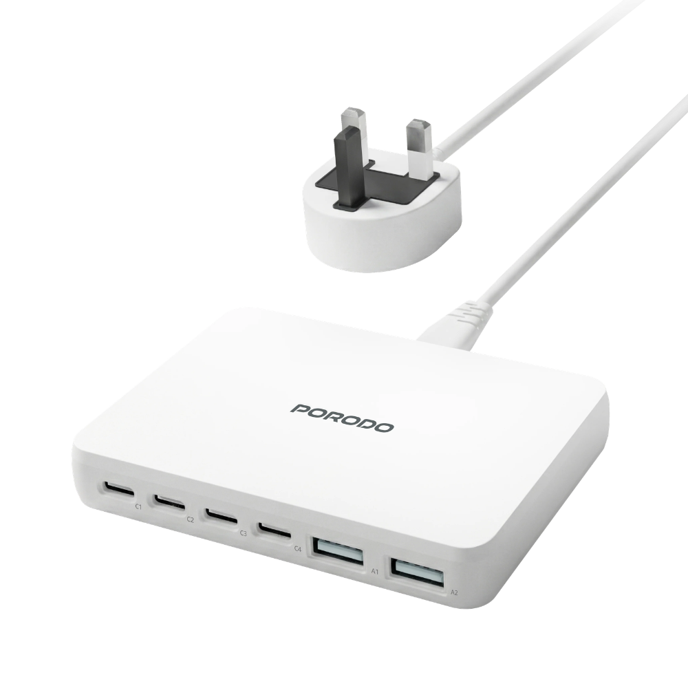 Porodo Unique 100W 4 Type C 2 USB A GaN Wall Charger with UK Plug - White