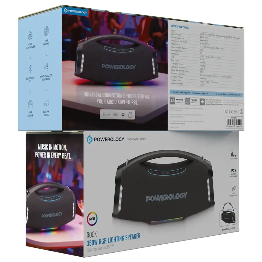 Powerology Rock 170W R.M.S & 350W MAX Speaker with 16000 mAh Battery - Black