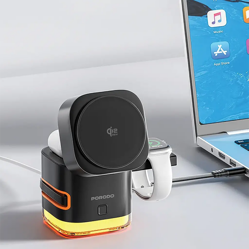 Porodo Xpert 5 in 1 QI2.2 25 Watts Wireless Charger With LED Light and Retractable cable