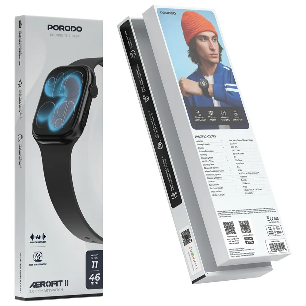 Porodo AeroFit Smartwatch Series 11 46mm with silicone Strap PDMAX11