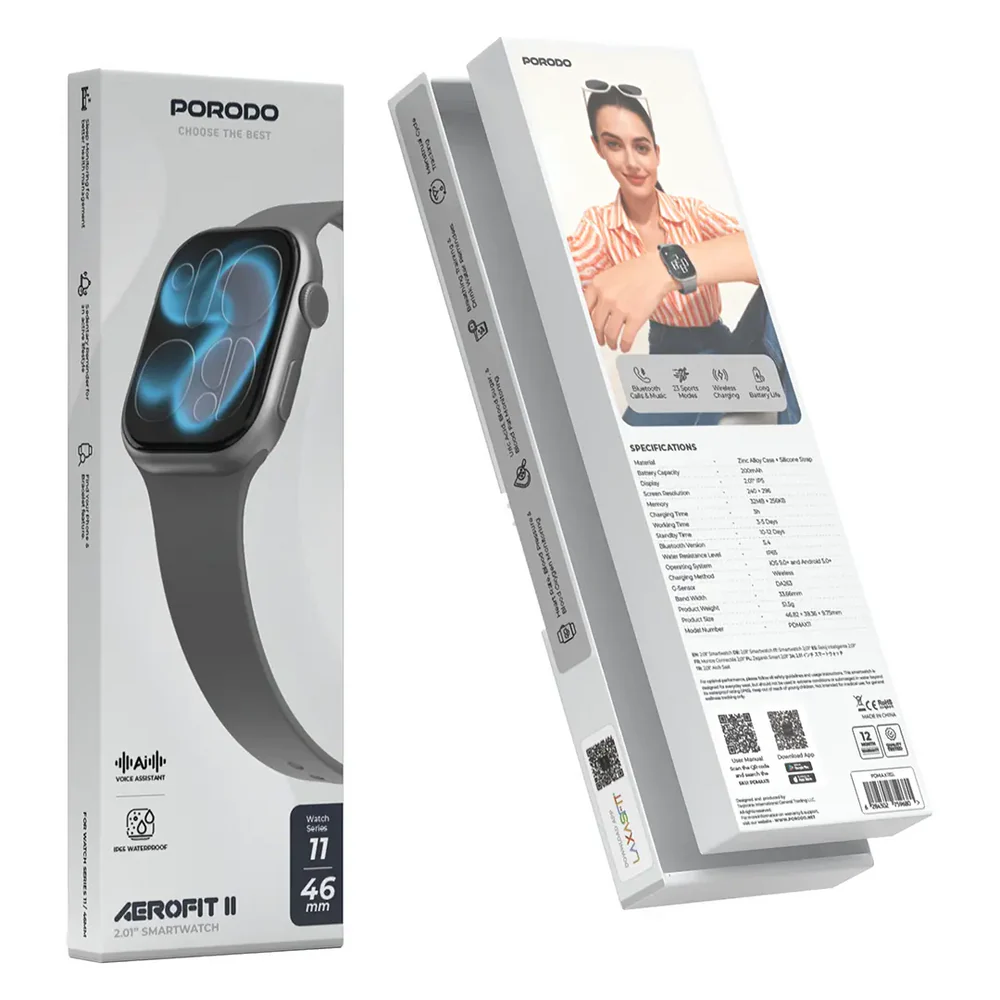 Porodo AeroFit Smartwatch Series 11 46mm with silicone Strap PDMAX11