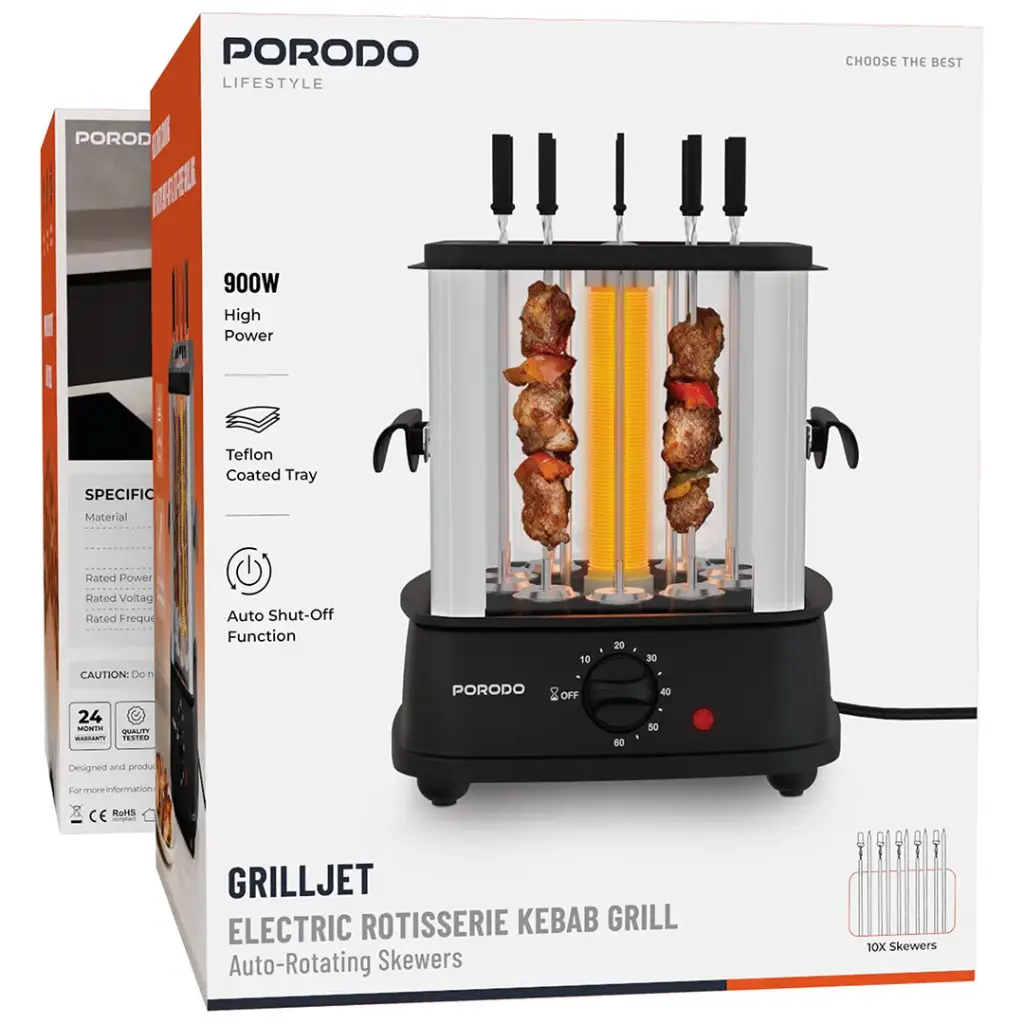 Porodo Lifestyle Grilljet Electric Rotisserie Kebab Grill with Timer- Black
