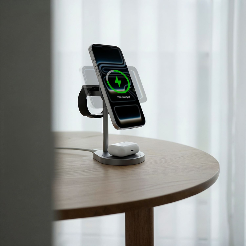 Powerology Eifel QI2.2 25W 3 in 1 Zinc Alloy Wireless Charger - Grey