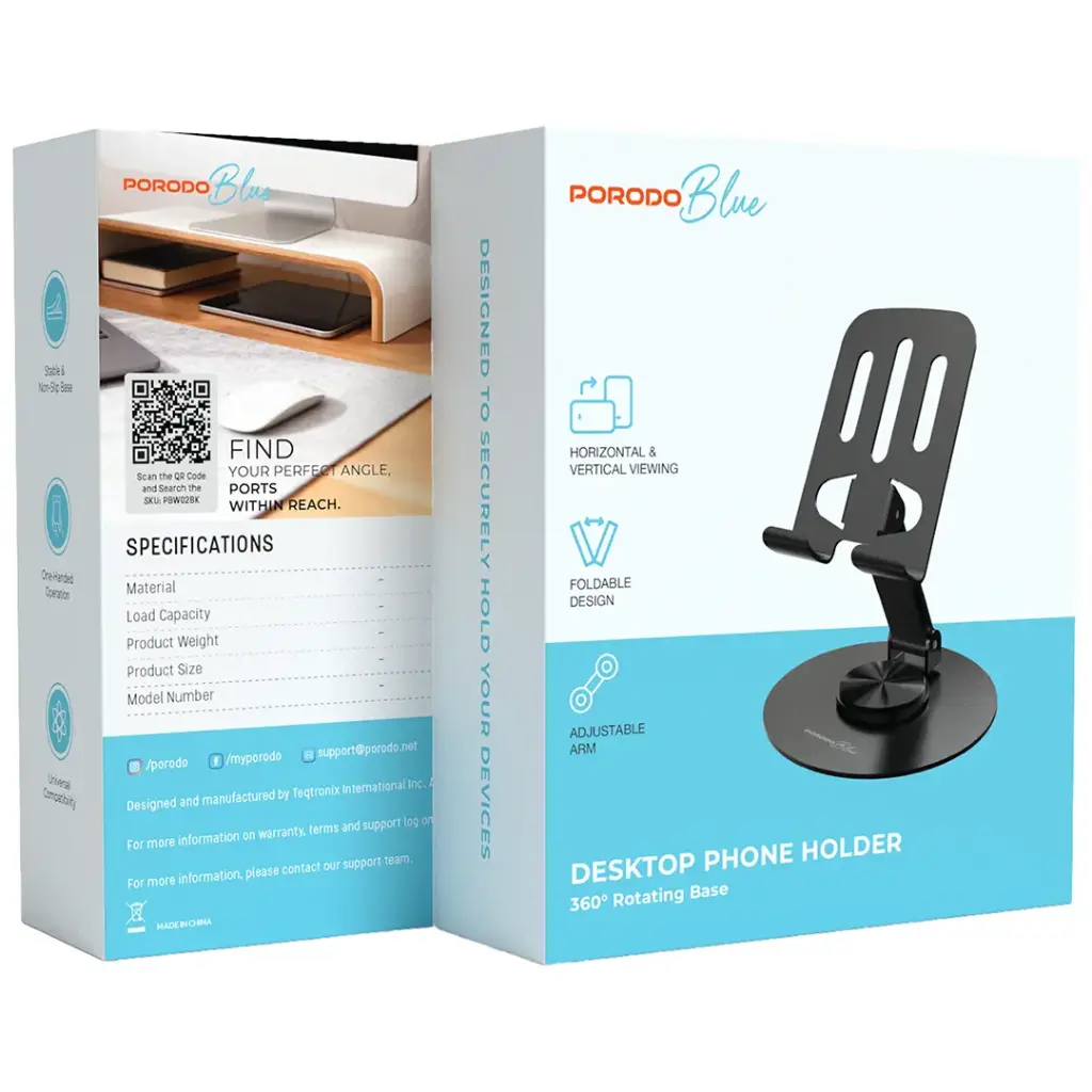 Porodo Blue 360 Degree Rotating Desktop Phone Holder - Black