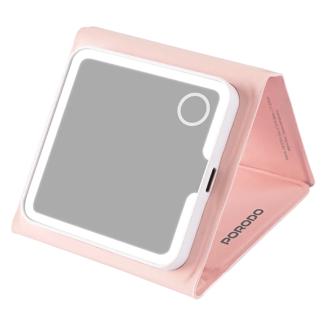 Porodo Lifestyle Lily Foldable HD Led Mirror with PU Case- Pink
