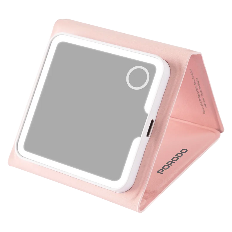 Porodo Lifestyle Lily Foldable HD Led Mirror with PU Case- Pink