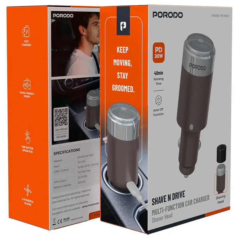 Porodo Shave N Drive PD 30W Car Charger With Shaver - Mettalic Brown