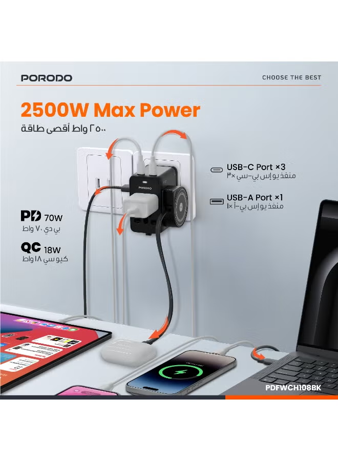 Porodo Voyage 70W Universal Travel Adapter Type C cable -Black