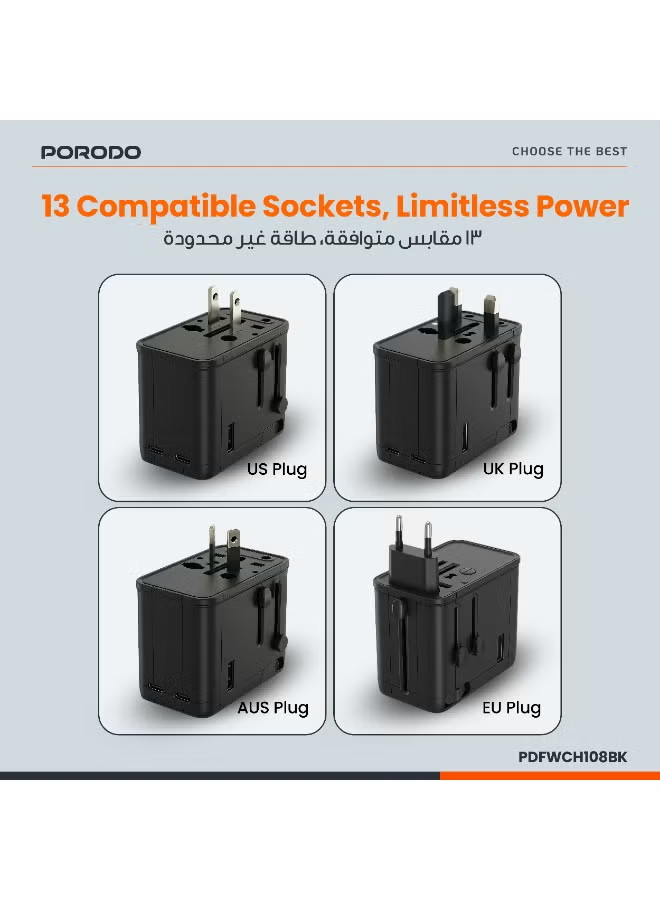 Porodo Voyage 70W Universal Travel Adapter Type C cable -Black