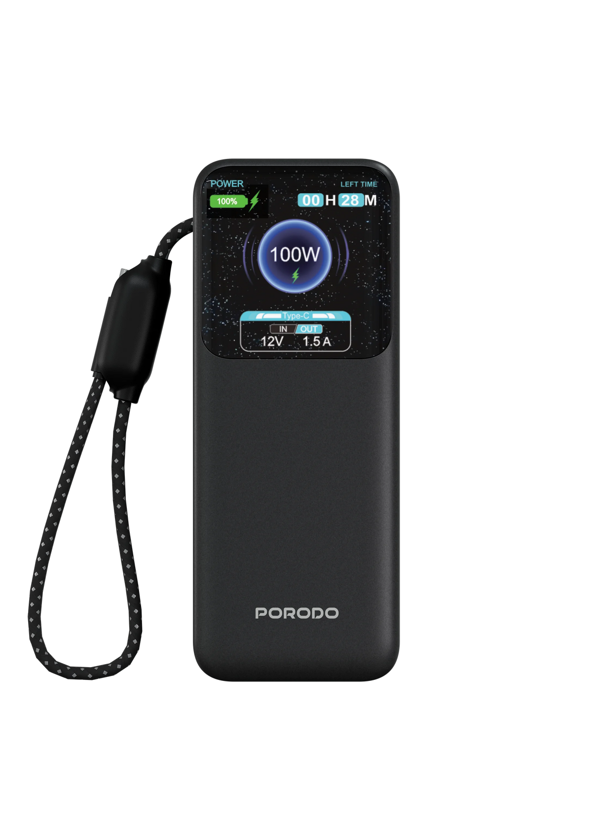 Porodo POLO 10000mAh POWER BANK Built-in USB-C Cables- Black