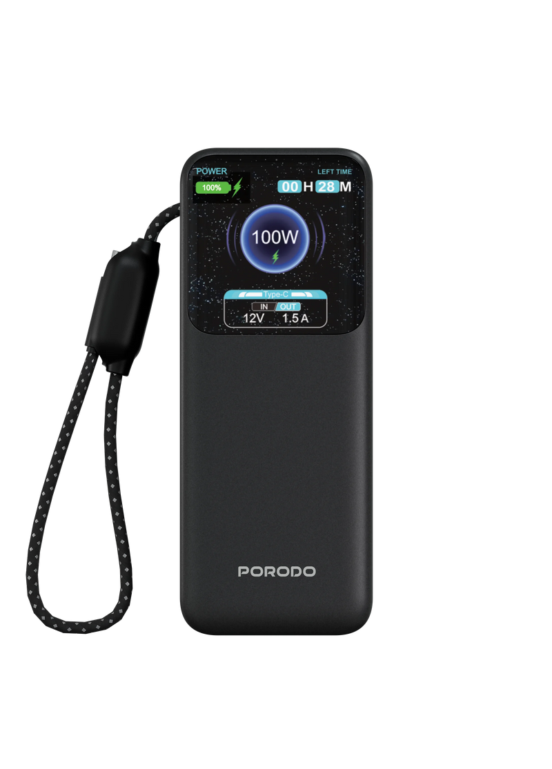Porodo POLO 10000mAh POWER BANK Built-in USB-C Cables- Black