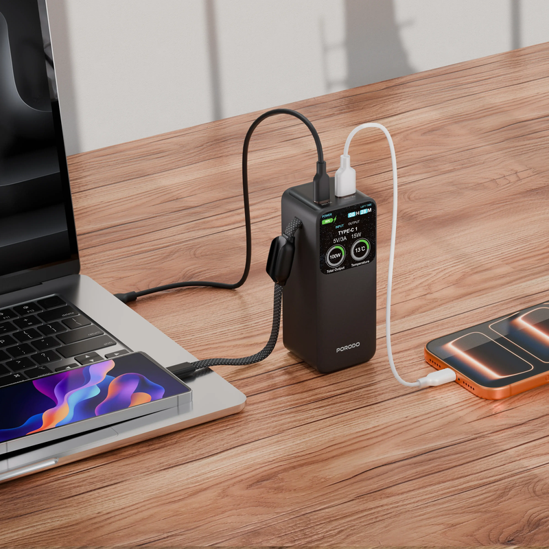 Porodo POLO 10000mAh POWER BANK Built-in USB-C Cables- Black