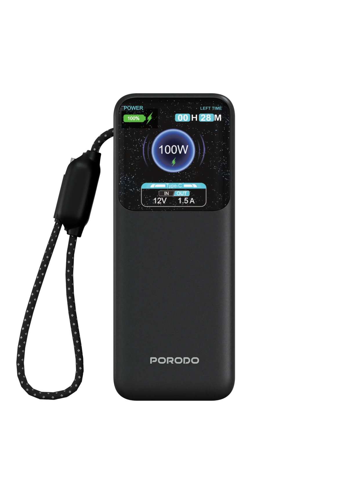 Porodo POLO 10000mAh POWER BANK Built-in USB-C Cables- Black