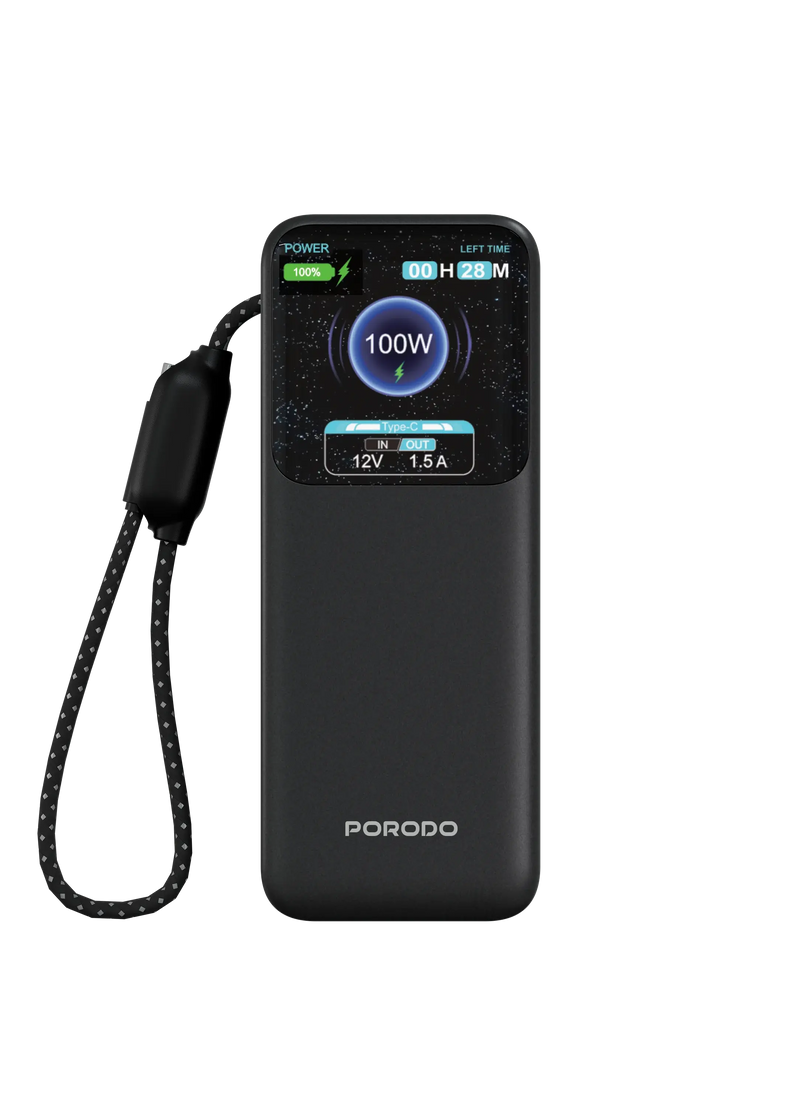 Porodo POLO 10000mAh POWER BANK Built-in USB-C Cables- Black