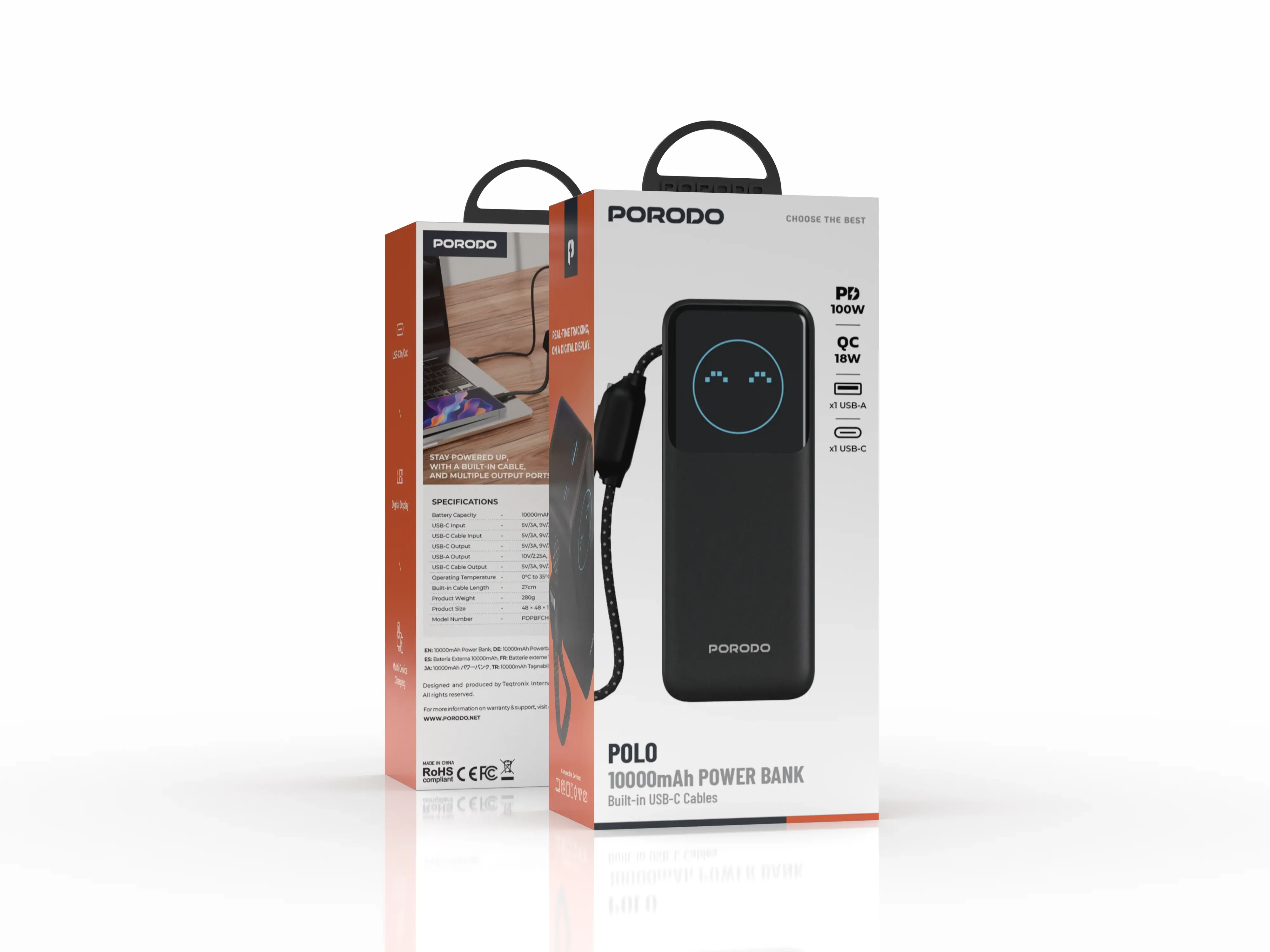 Porodo POLO 10000mAh POWER BANK Built-in USB-C Cables- Black
