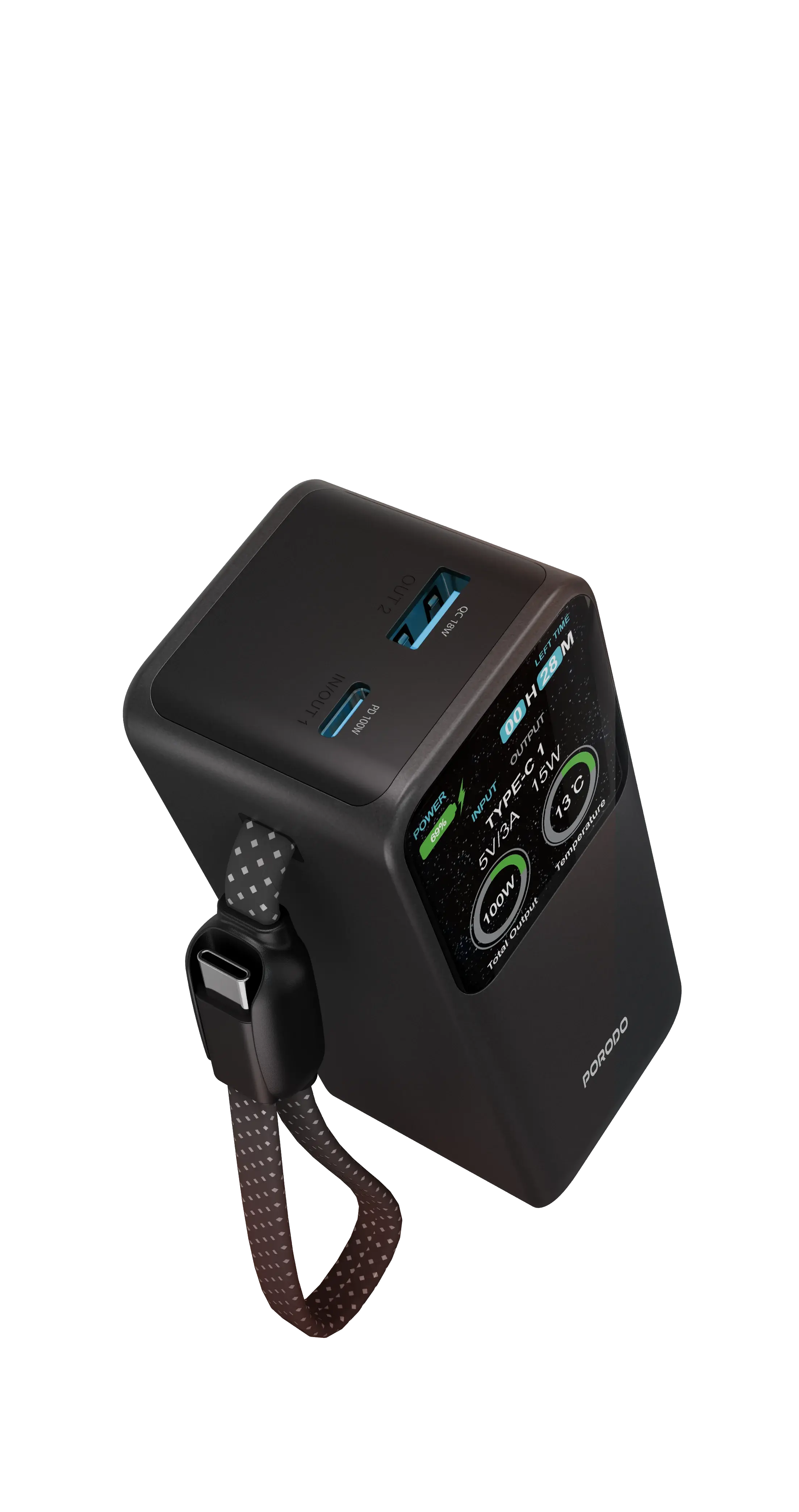 Porodo POLO 10000mAh POWER BANK Built-in USB-C Cables- Black