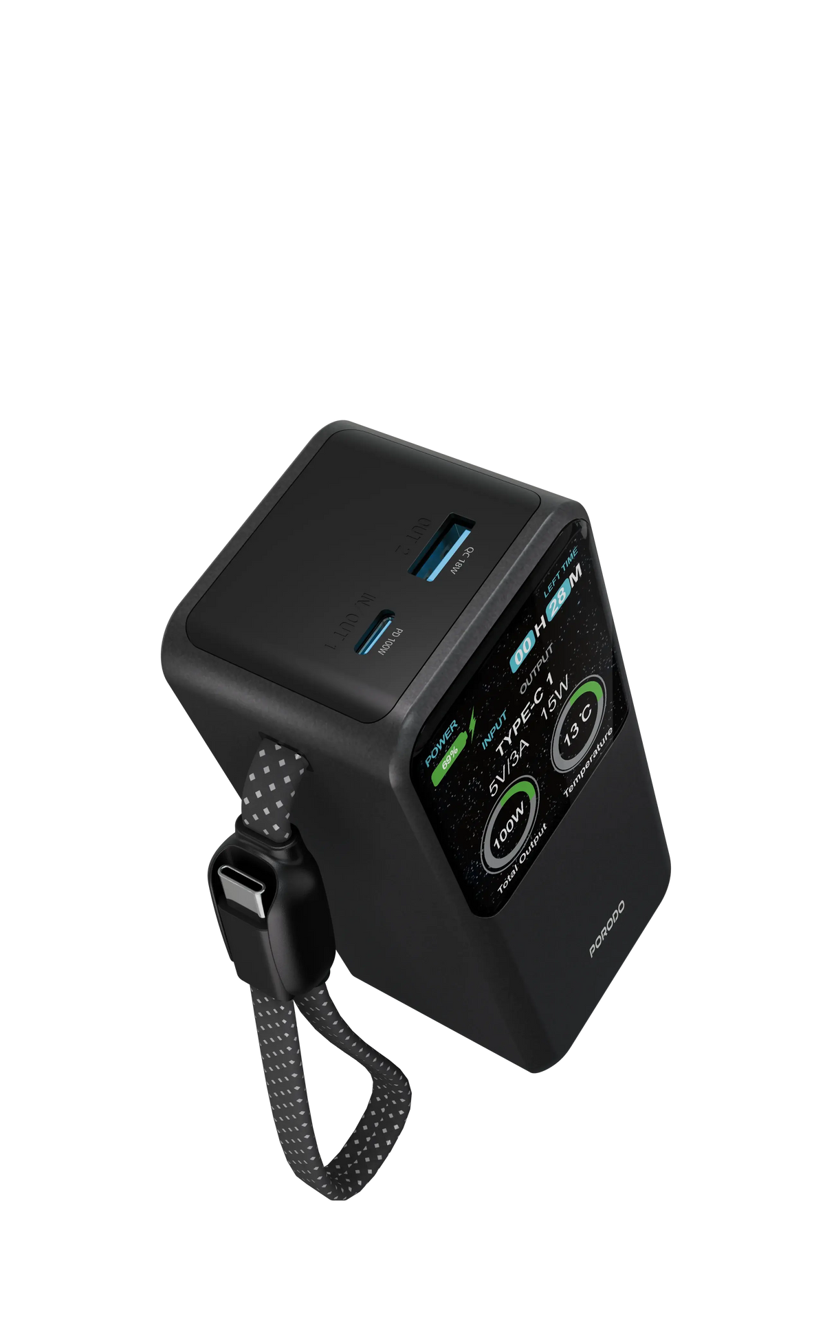 Porodo Polo 20000MAH 100w Powerbank With Type-C to c Cable - Black