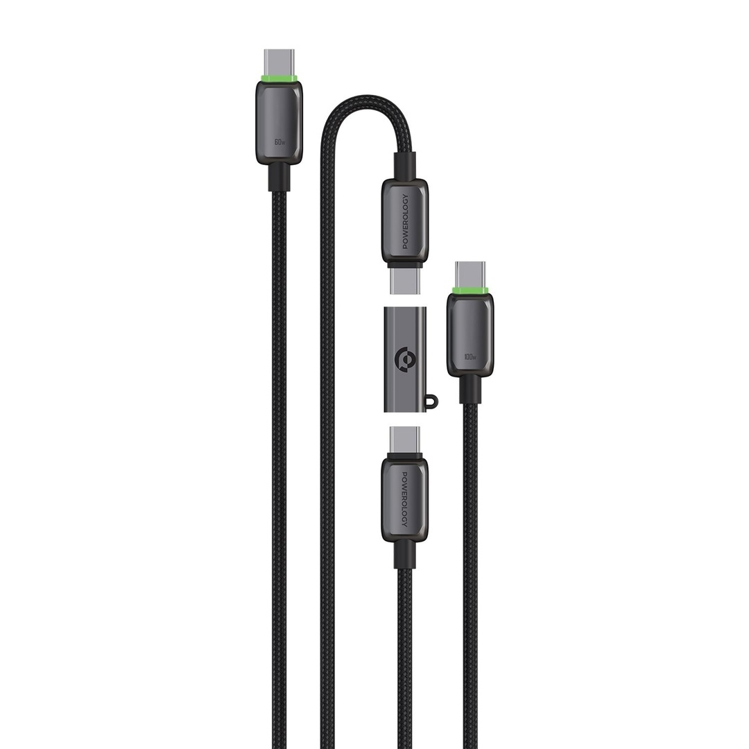 Powerology Argos Multipurpose 1M 100W & 2m 60W Cable Combo with Female type-C Connector with two Ports - Grey