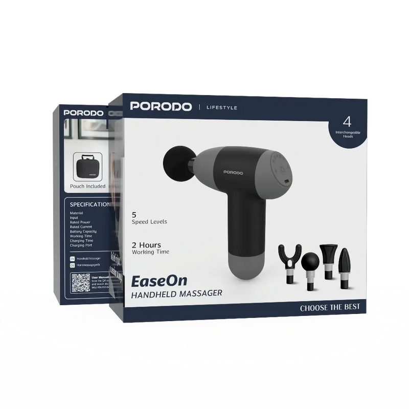 Porodo Lifestyle EaseOn Handheld Massager with 4 Heads- Black & Grey