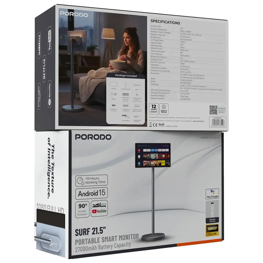 Porodo Surf 21.5 Inch Smart Screen With Stand Android 15 27000mah - Grey