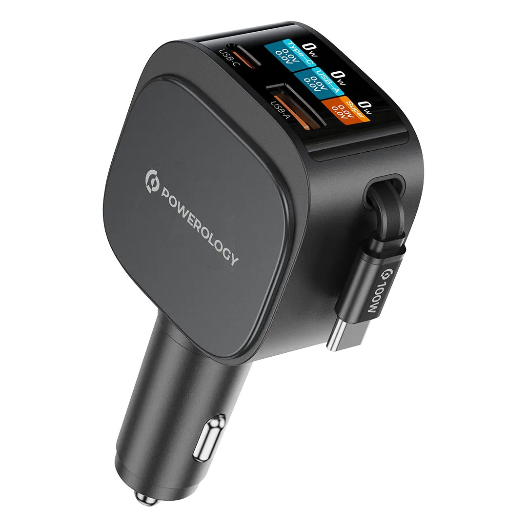 Powerology Car Charger with Car with PD 65W Retractable Cable PD65W TFT Display - Black