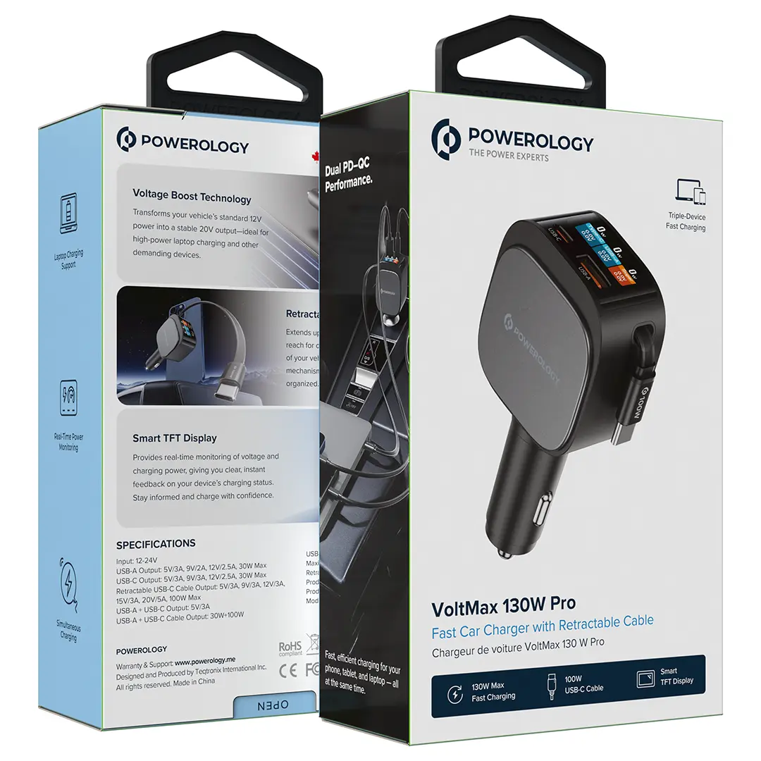 Powerology Car Charger with Car with PD 65W Retractable Cable PD65W TFT Display - Black