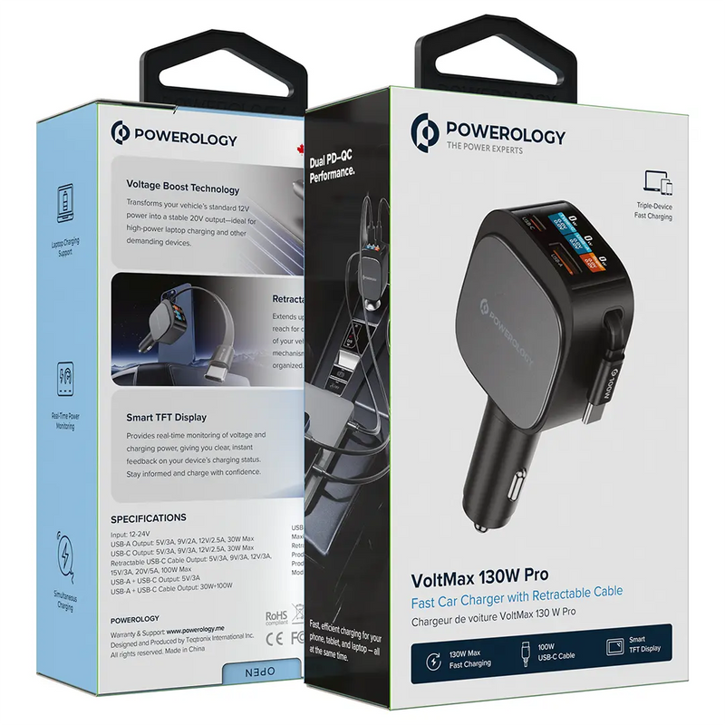 Powerology Car Charger with Car with PD 65W Retractable Cable PD65W TFT Display - Black