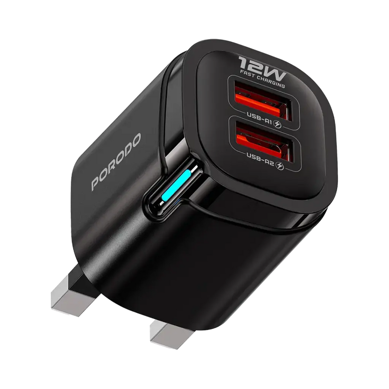 Porodo Tekto 12W Dual USB Fully 2.4A Adaptor - Black