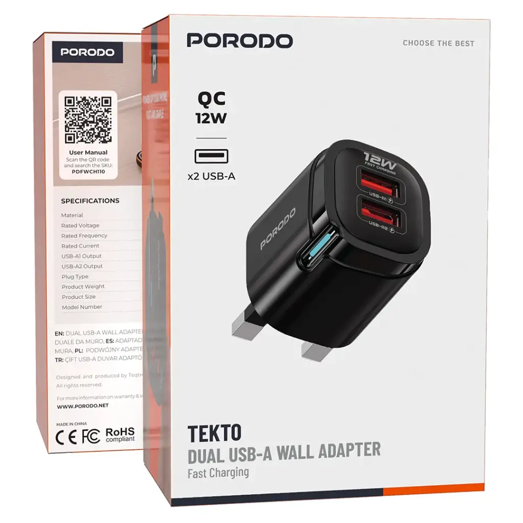 Porodo Tekto 12W Dual USB Fully 2.4A Adaptor - Black
