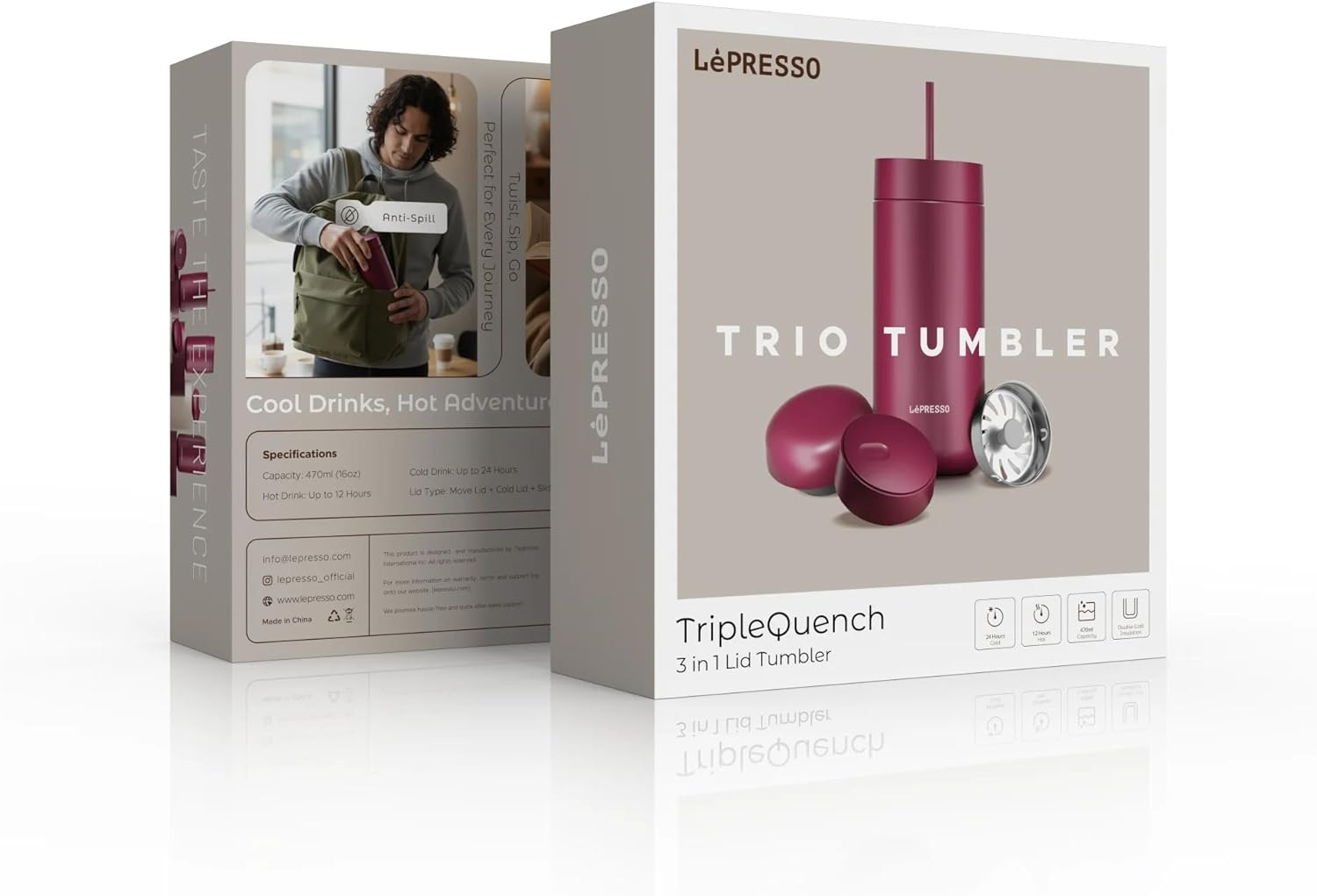LePresso TripleQuench Insulated 590ml  Double Wall with 3 Lid Tumbler