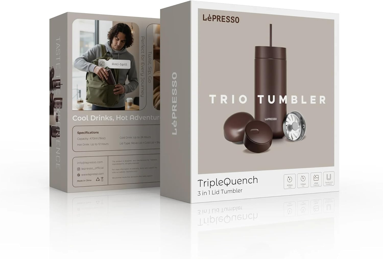 LePresso TripleQuench Insulated 590ml  Double Wall with 3 Lid Tumbler