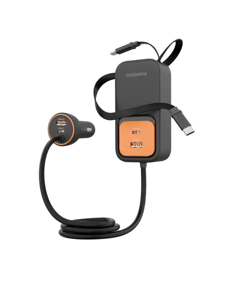 Porodo Car Charger with PD45W Retractable type-C cable X2 - BlacK