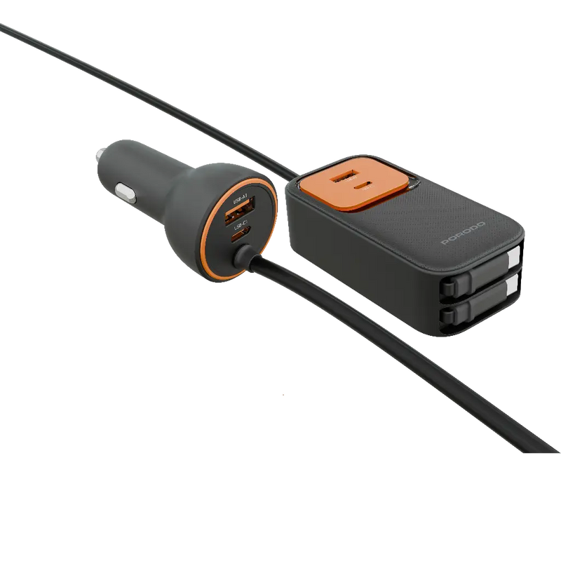 Porodo Car Charger with PD45W Retractable type-C cable X2 - BlacK