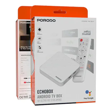 Porodo Echobox Android TV Box with 4K Ultra HD Streaming - White