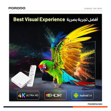 Porodo Echobox Android TV Box with 4K Ultra HD Streaming - White