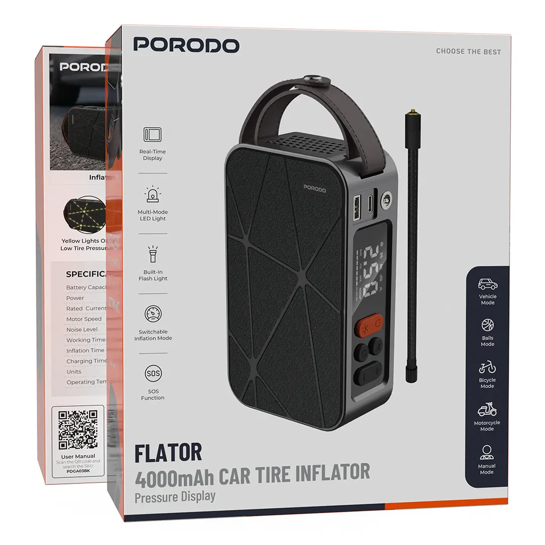 Porodo Flator 60W Car Tire Inflator with 4000 mAh Battery- Black PDGA03BK