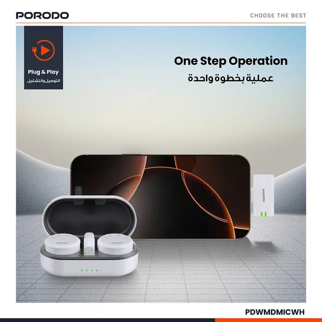 Porodo Posfessional Wireless Microphone Dual Mic with Charging  (WHITE)