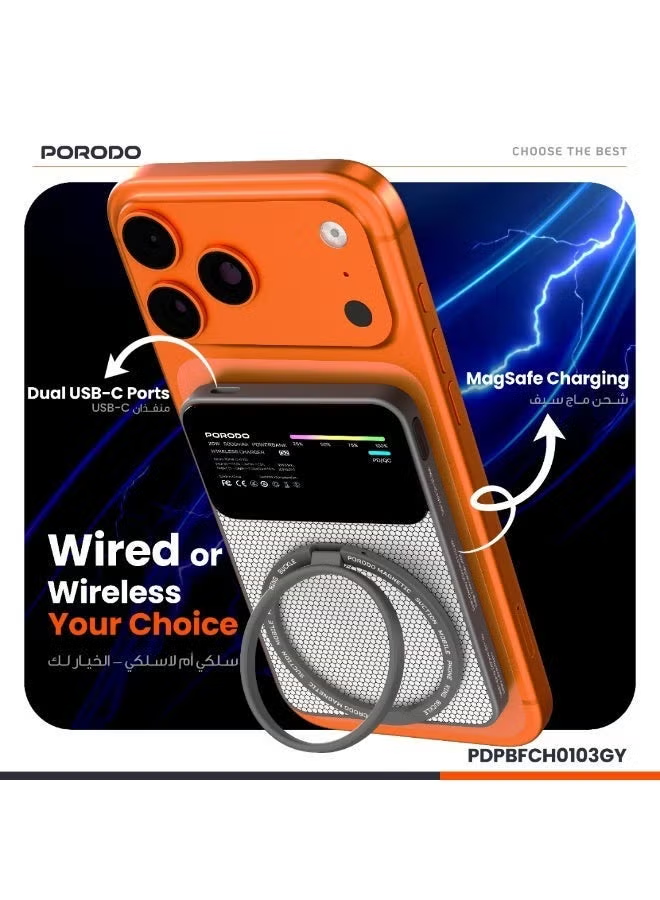 Porodo Yas 5000mAh Qi2 Magsafe Powerbank with PD 20W Type -C to C Cable Grey