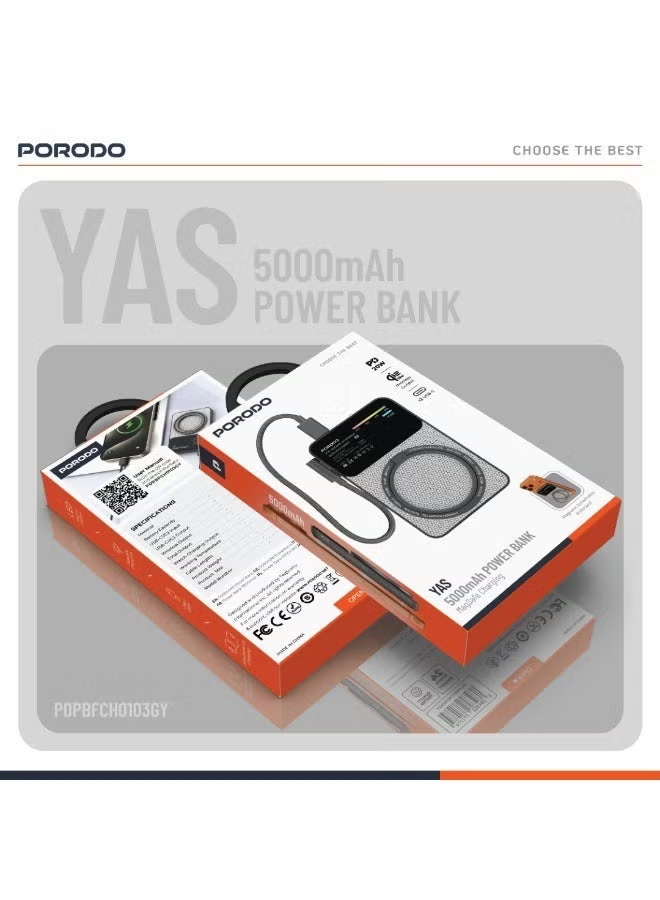 Porodo Yas 5000mAh Qi2 Magsafe Powerbank with PD 20W Type -C to C Cable Grey