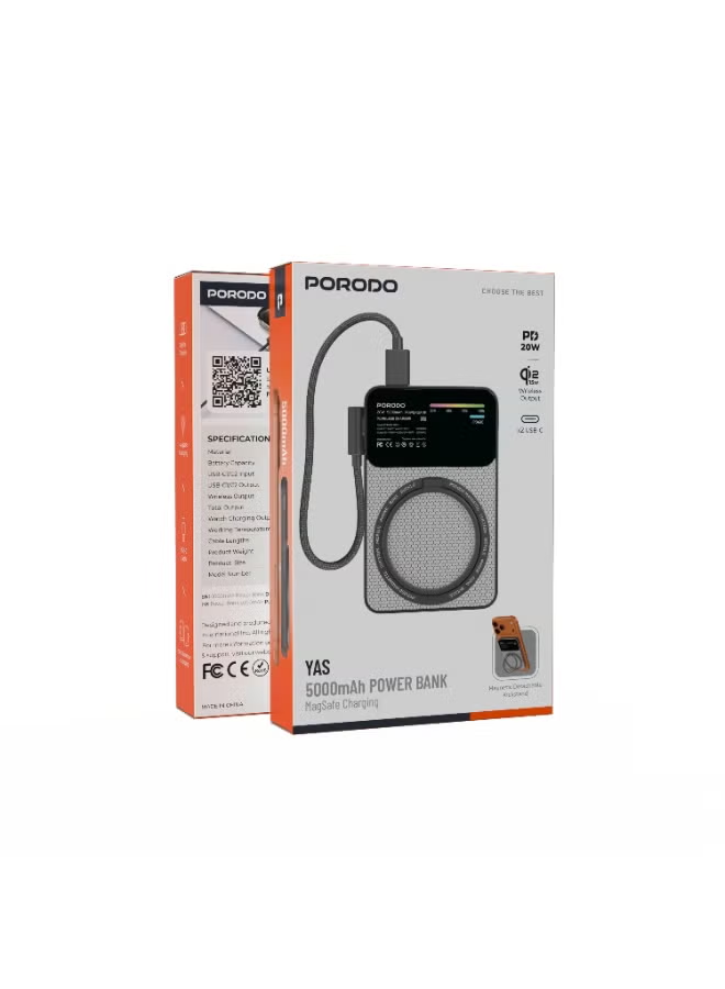 Porodo Yas 5000mAh Qi2 Magsafe Powerbank with PD 20W Type -C to C Cable Grey