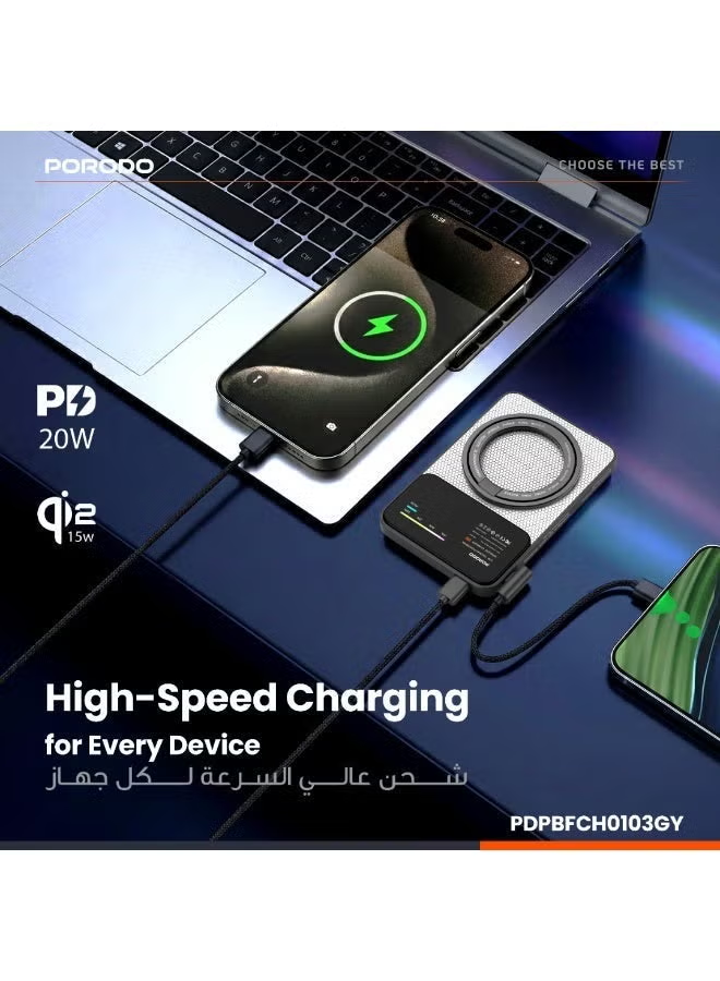Porodo Yas 5000mAh Qi2 Magsafe Powerbank with PD 20W Type -C to C Cable Grey