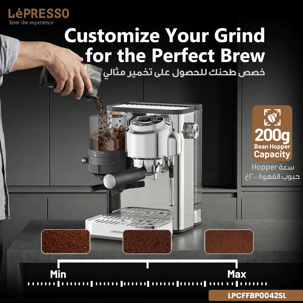 LePresso IlBurrone 20 Bar Italian Pump Coffee Machine with Bean Grinder and Steam Wand - Silver