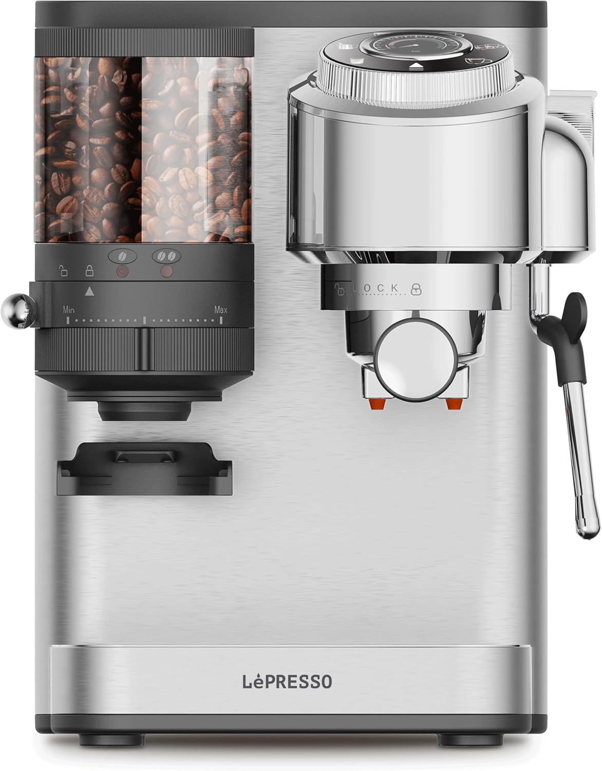 LePresso IlBurrone 20 Bar Italian Pump Coffee Machine with Bean Grinder and Steam Wand - Silver