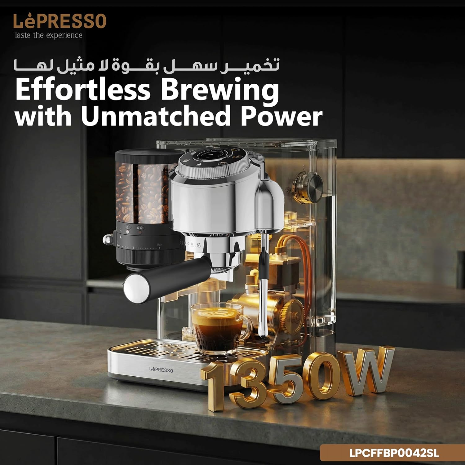 LePresso IlBurrone 20 Bar Italian Pump Coffee Machine with Bean Grinder and Steam Wand - Silver