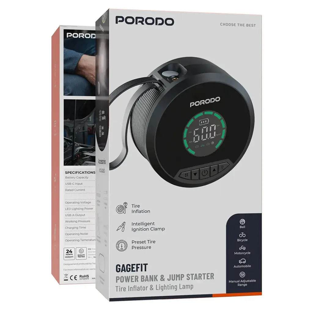 Porodo SparkOne 8000mAh Power Bank Jump Starter With Tire Inflator - Black