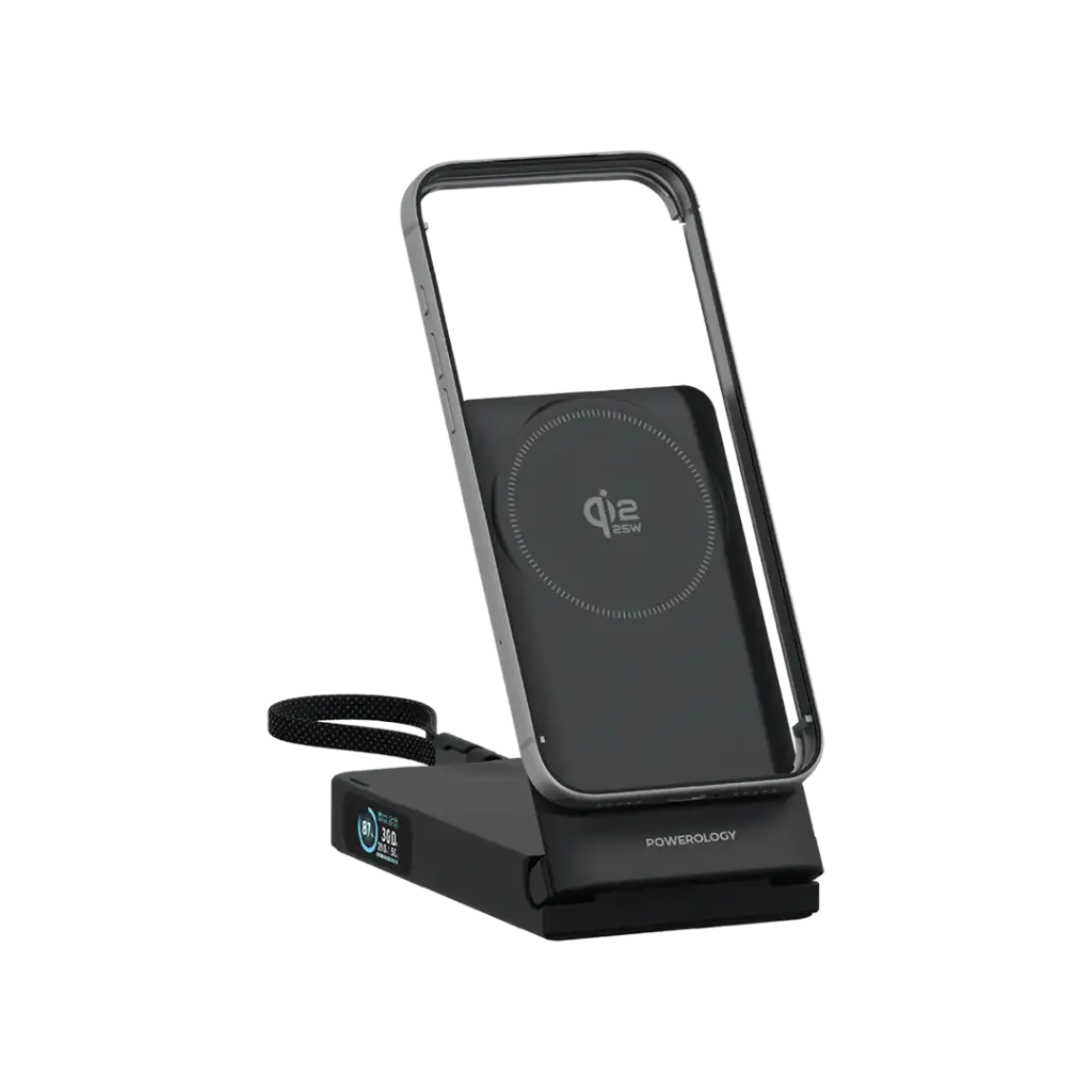 Powerology Flipmag 10000 mAh Powerbank with QI2.2 25W Wireless Charger With Type C cable - Black