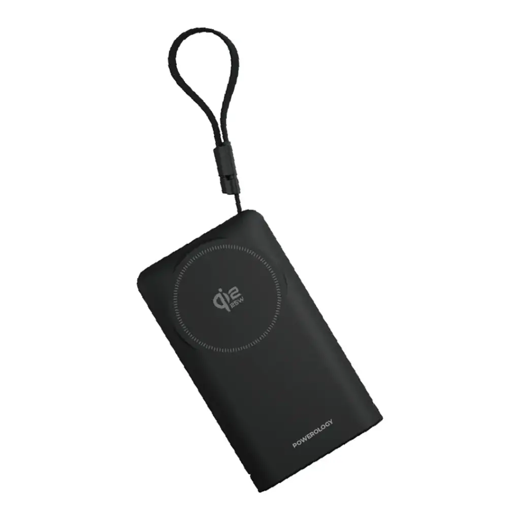 Powerology Flipmag 10000 mAh Powerbank with QI2.2 25W Wireless Charger With Type C cable - Black