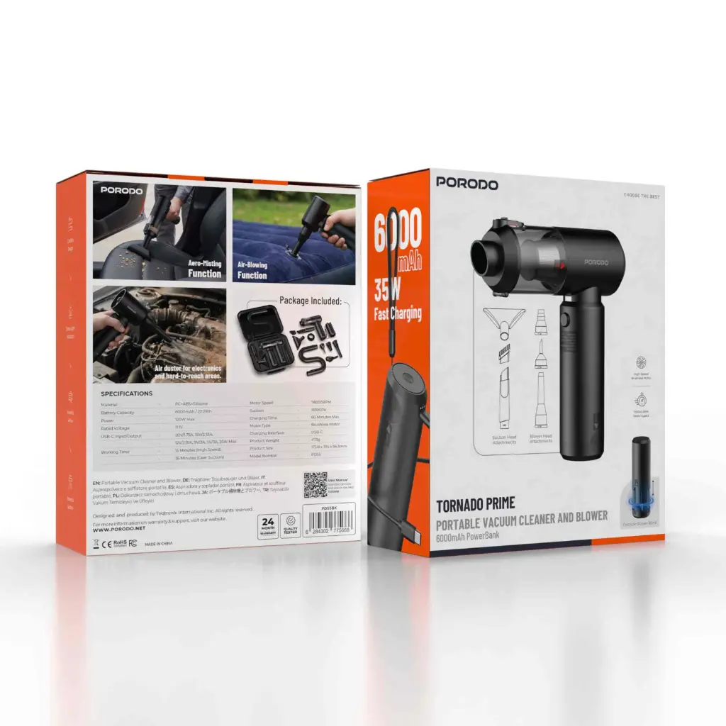 Porodo 160W Car Vacuum Cleaner and Blower With 6000 mAh Portable Powerbank - Black