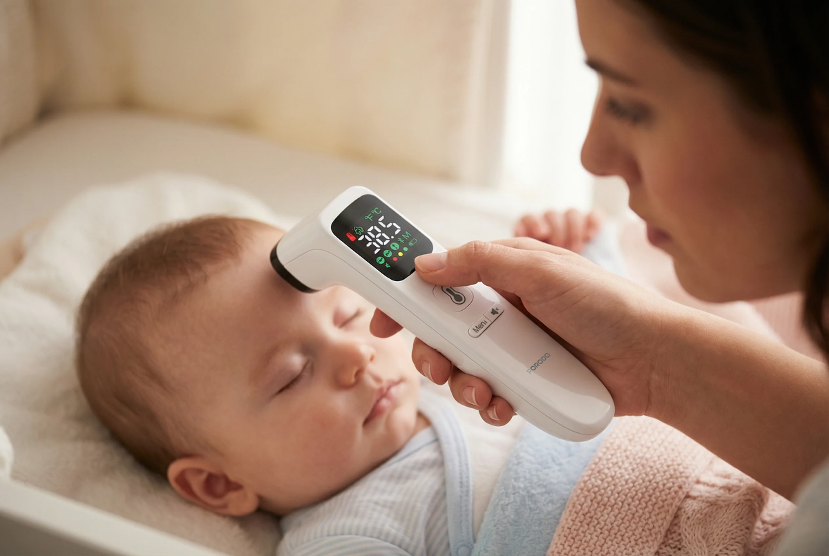 Porodo Infrared Thermometer for Object and Forehead with LED Display - White